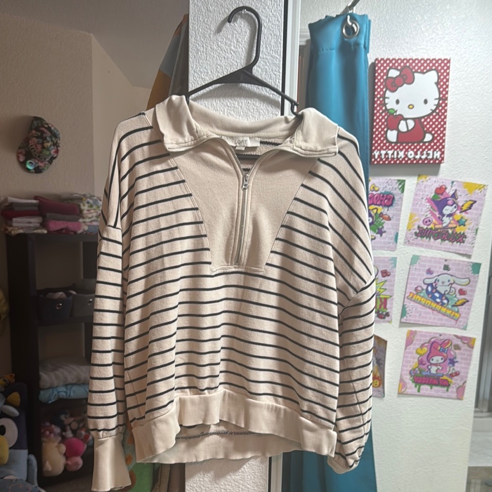 LOFT Cream and Black Striped Cowl Neck Sweater